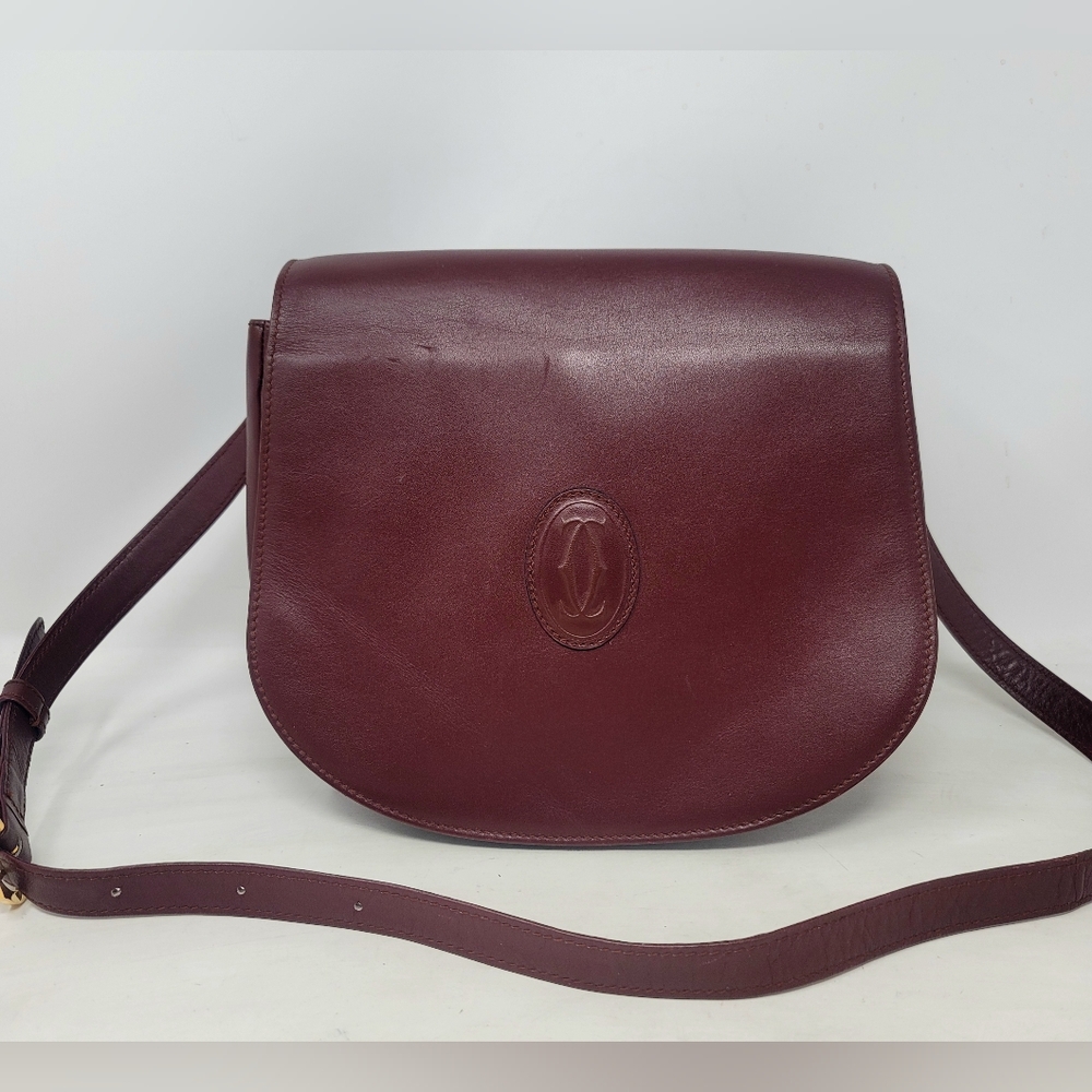Vintage Cartier Must Burgundy Leather Medium Shoulder Crossbody Hand Bag Auth